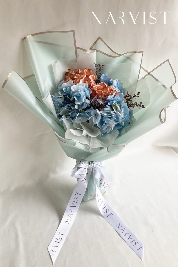 BQ30 ช่อดอกไม้ประดิษฐ์ ช่อกระดาษฟ้า ดอกไม้แสดงความยินดีพร้อมการ์ด ดอกไฮเดรนเยียสีฟ้า/โอรส ใบเเซม