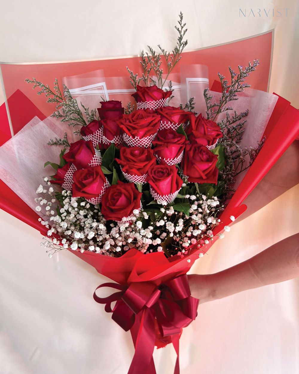 ช่อดอกไม้สด ดอกกุหลาบแดง โบว์แดง ใหญ่ FF04