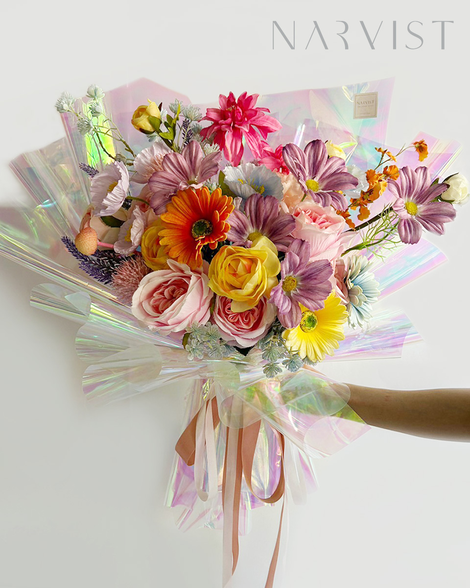 ดอกไม้ประดิษฐ์ ดอกไม้แสดงความยินดีพร้อมการ์ด ช่อ Hologram Colorful Flower  BQ57
