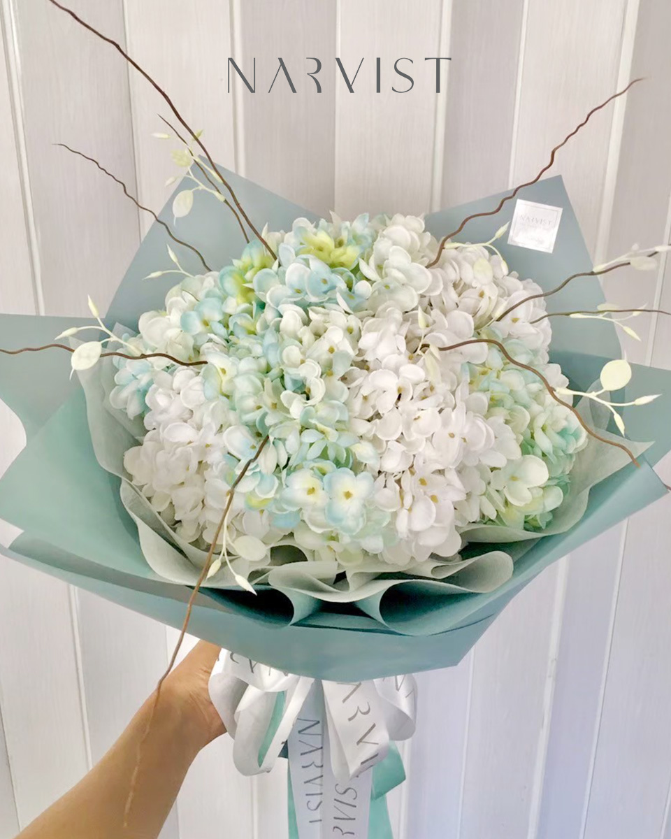 ช่อดอกไม้ประดิษฐ์ BQ27 ช่อกระดาษโอรส ดอกไม้แสดงความยินดีพร้อมการ์ด ดอกไฮเดรนเยียสีขาว/โอรส กิ่งแซม