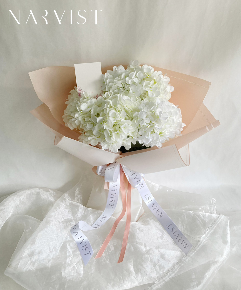 BQ45 ดอกไม้ประดิษฐ์ ดอกไม้แสดงความยินดีพร้อมการ์ด ช่อกระดาษขาวชมพู และดอกไฮเดรนเยียขาว