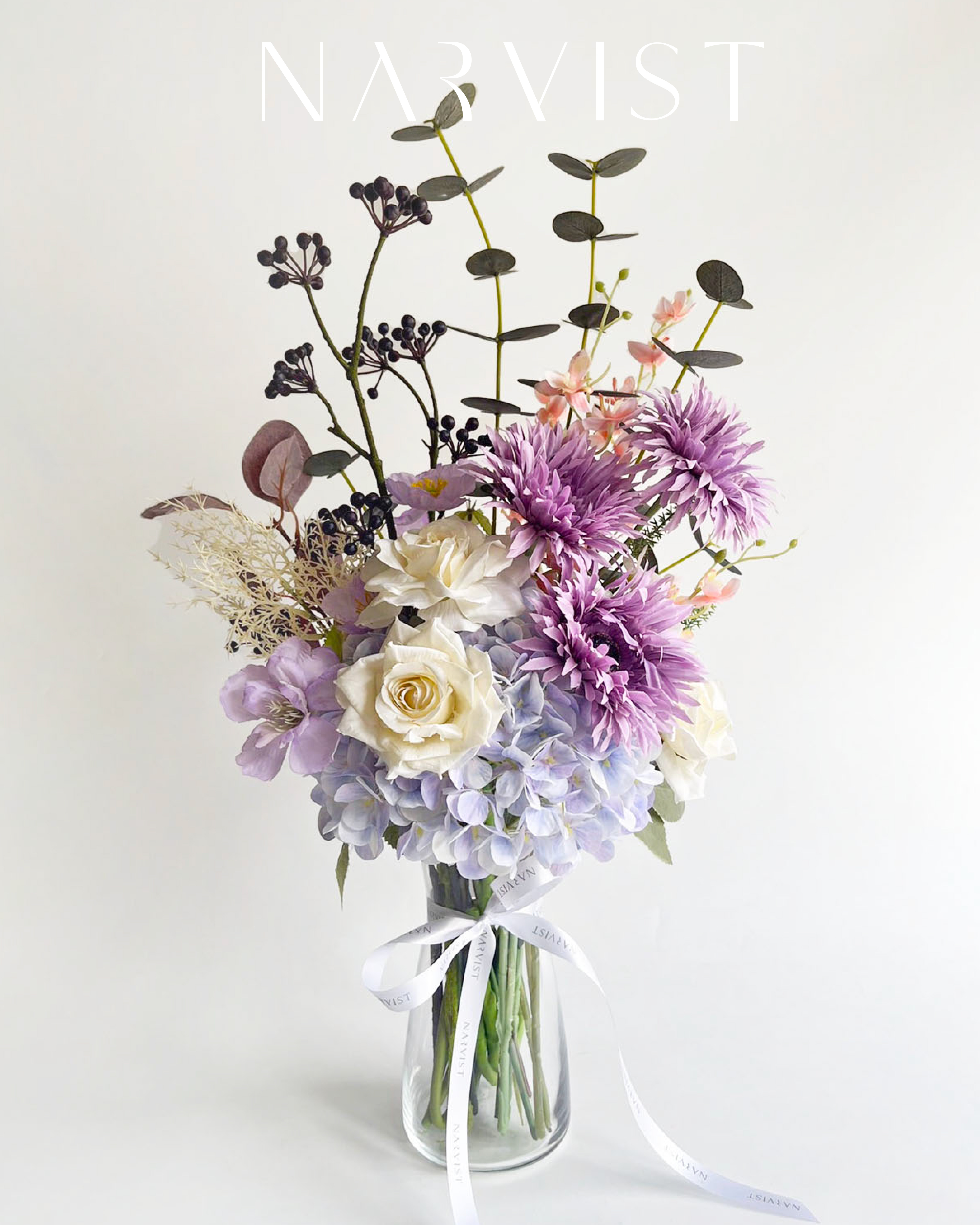 ดอกไม้ประดิษฐ์ ดอกไม้แสดงความยินดีพร้อมการ์ด ชุดแจกัน Purple Flower VA60