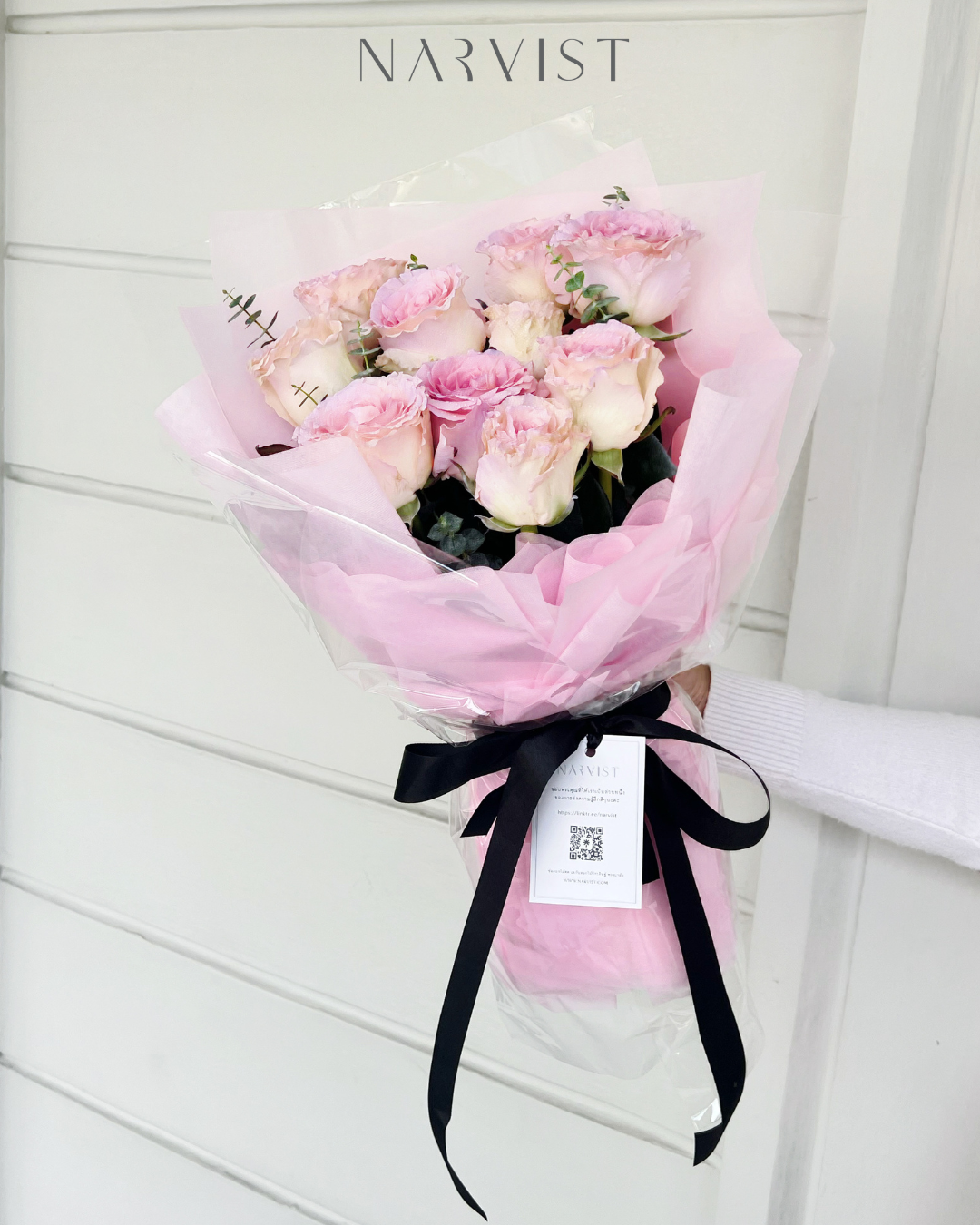 ช่อดอกกุหลาบสีชมพู 10 ดอก ช่อกระดาษชมพู ช่อดอกไม้สด FF55