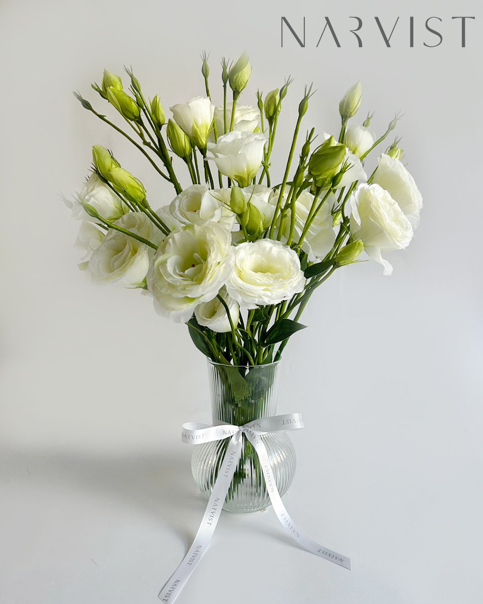 แจกันดอกไม้ประดิษฐ์ VA49 ดอกไม้แสดงความยินดีพร้อมการ์ด ชุดเเจกันไลเซนทัส