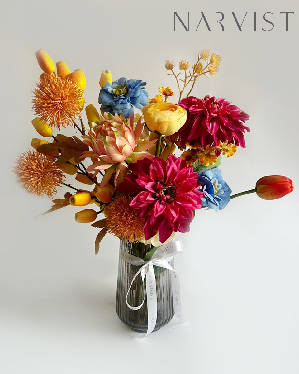 แจกันดอกไม้ประดิษฐ์ VA47 ดอกไม้แสดงความยินดีพร้อมการ์ด ชุดแจกัน Colorful Flower