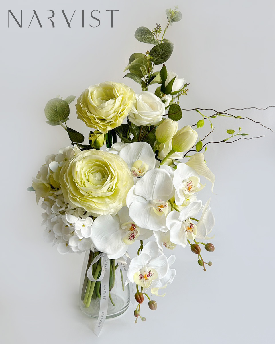 แจกันดอกไม้ประดิษฐ์ VA46 ดอกไม้แสดงความยินดีพร้อมการ์ด ชุดแจกัน Premium Flower