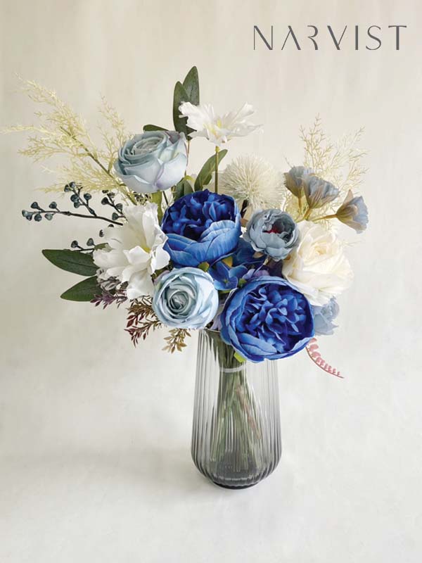 ดอกไม้ประดิษฐ์ VA37 ดอกไม้แสดงความยินดีพร้อมการ์ด แจกันดอกไม้ประดิษฐ์โทนน้ำเงิน